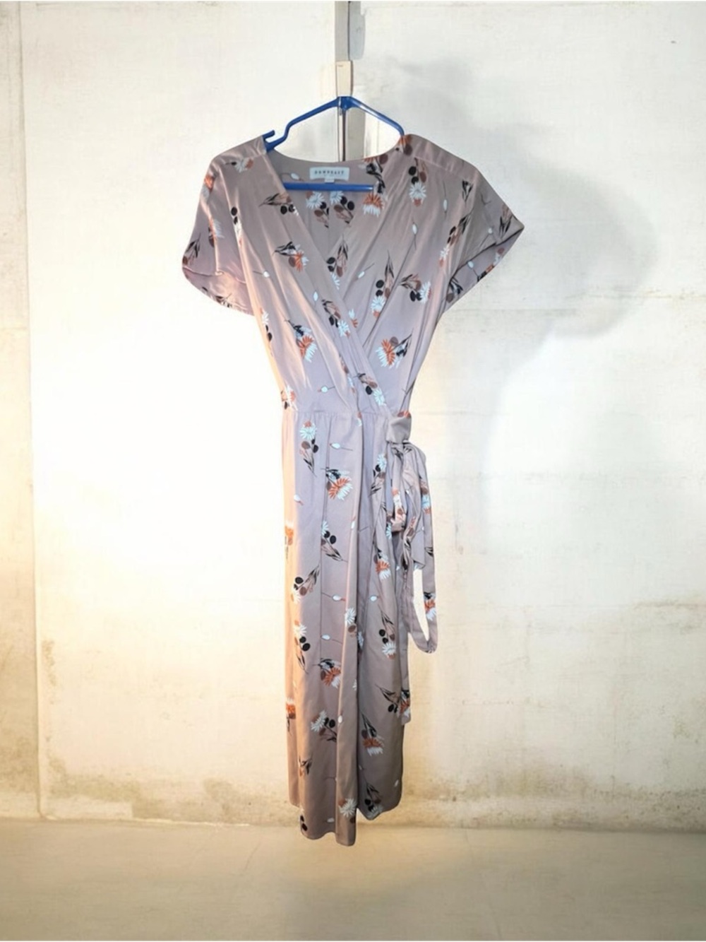 DownEast Dusty Mauve Floral Wrap Midi Dress with Soft Orange Accents